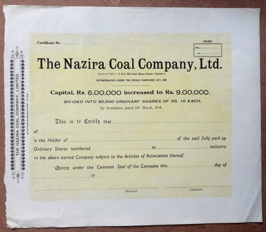 India The Nazira Coal Company, Ltd. vintage share certificate x