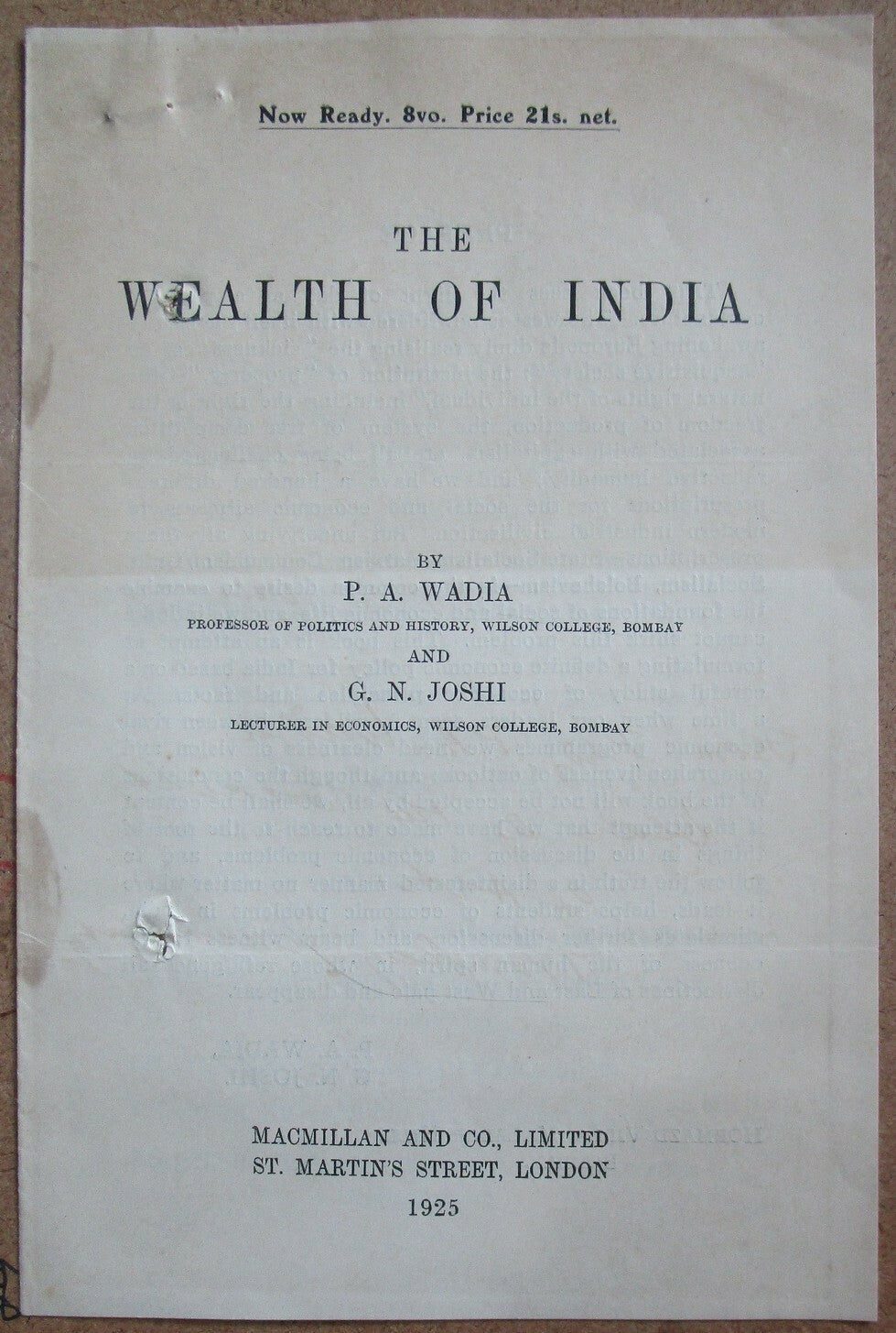 India 1926 letter signed author Pestonji Ardeshir Wadia + book ad