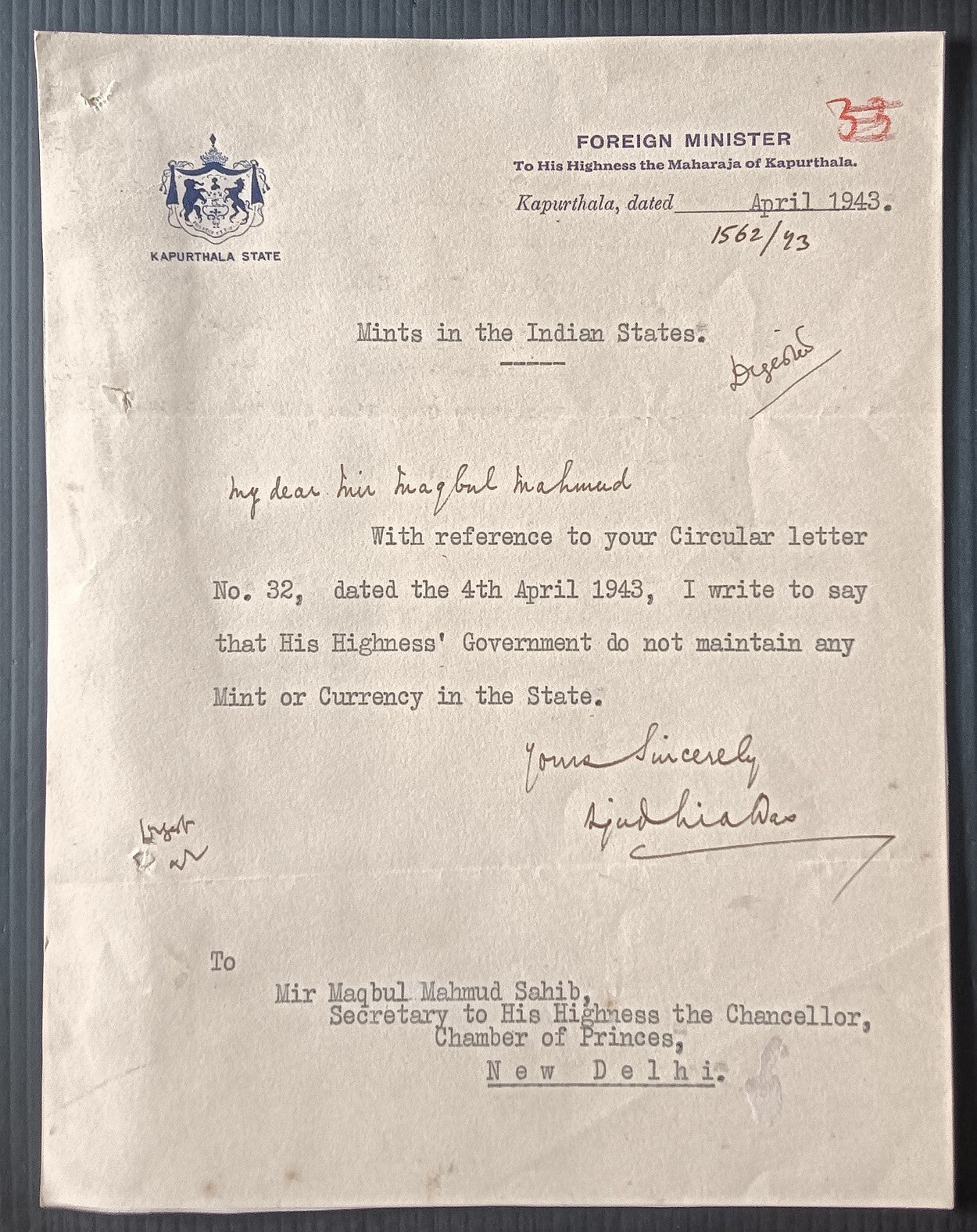 India Kaputhala State 1943 signed crested letter MINTS IN INDIAN STATES