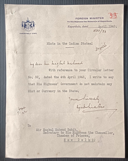 India Kaputhala State 1943 signed crested letter MINTS IN INDIAN STATES