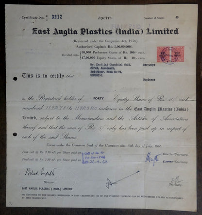 India 1963 EAST ANGLIA PLASTICS LTD. Share certificate
