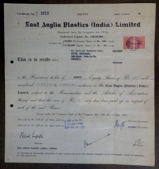 India 1963 EAST ANGLIA PLASTICS LTD. Share certificate