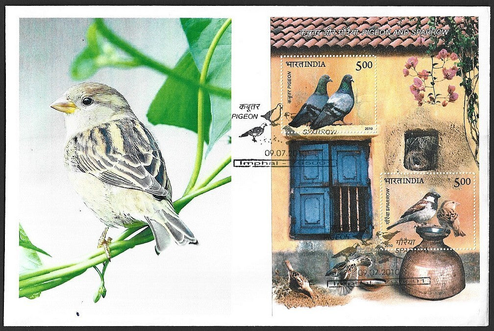 India 2010 Birds Pigeon & Sparrow MS on FDC First Day cover