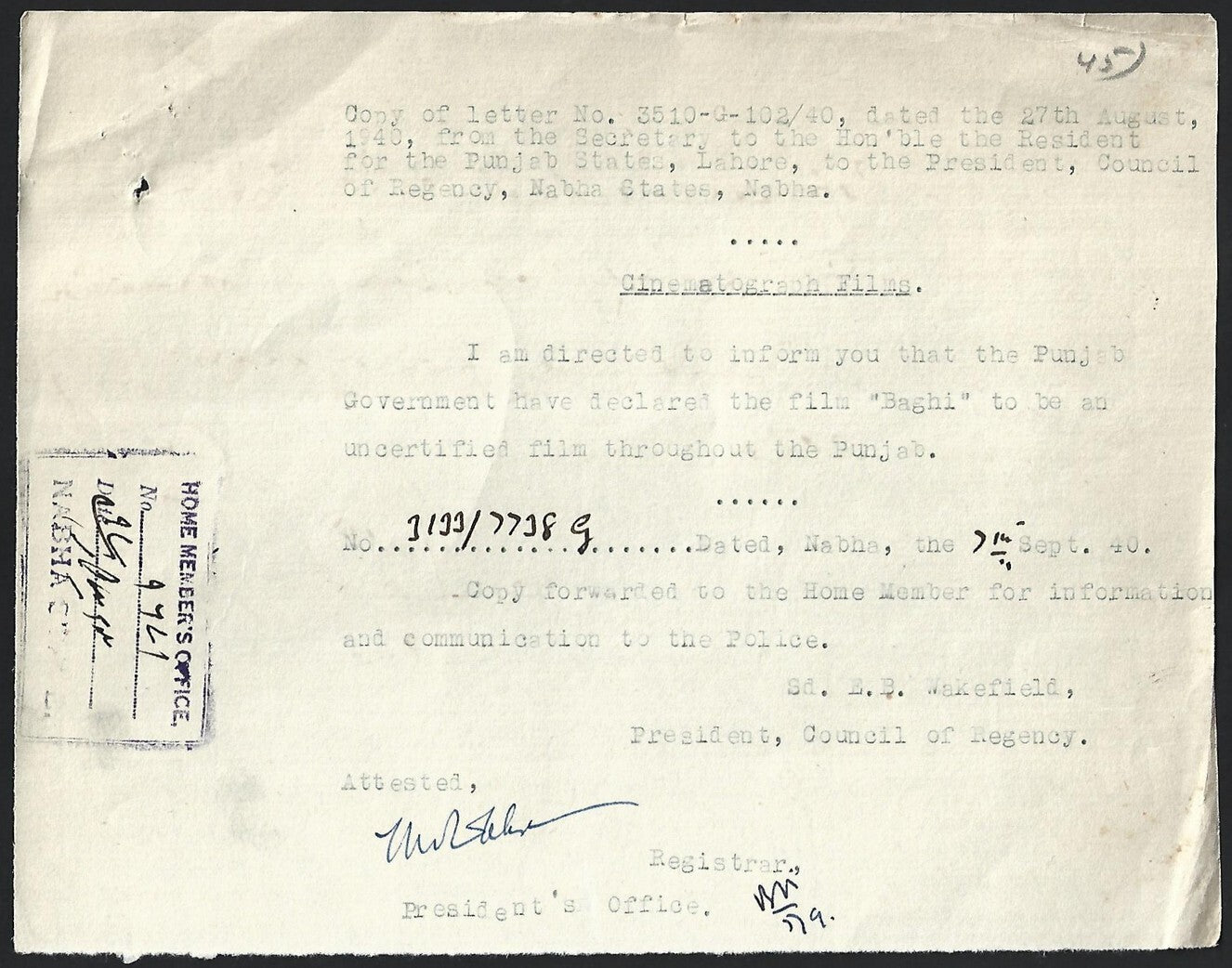 India 1940 Official Order BANNING the movie BAGHI in Punjab