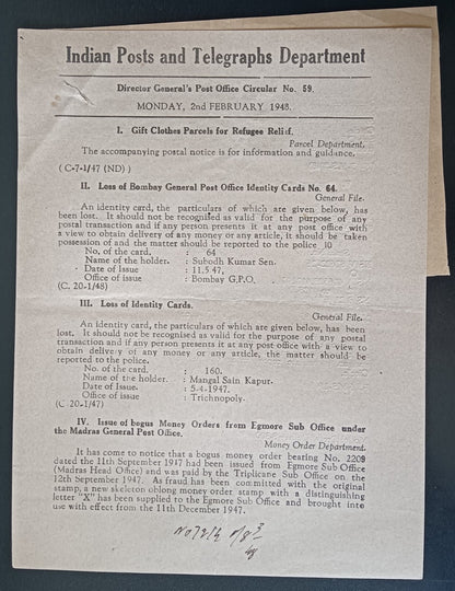 India POSTAL NOTICE No. 57 2nd February 1948 Multiple Topics + CIRCULAR No. 59