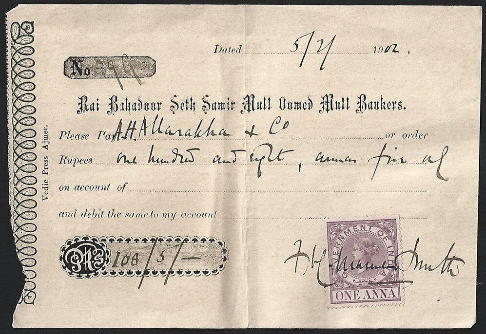India QV revenue on 1902 RAI SETH BAHADUR SAMIR MULL OUMED MULL BANKERS cheque