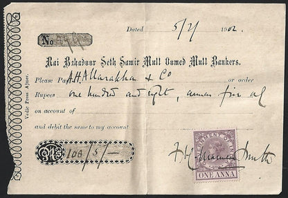 India QV revenue on 1902 RAI SETH BAHADUR SAMIR MULL OUMED MULL BANKERS cheque