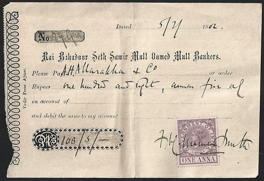 India QV revenue on 1902 RAI SETH BAHADUR SAMIR MULL OUMED MULL BANKERS cheque