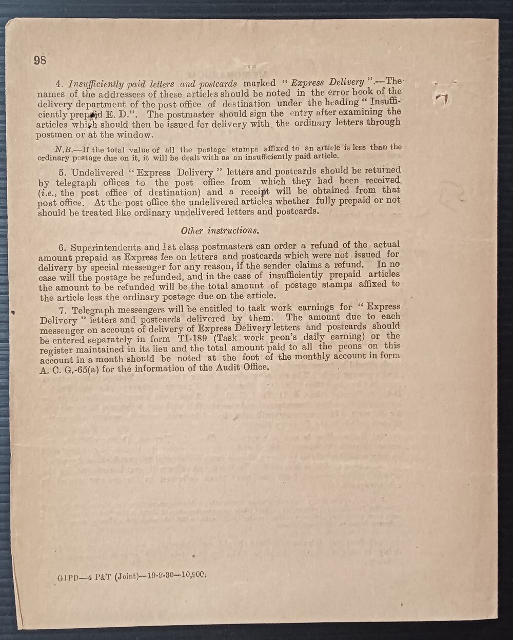 India POSTAL NOTICE 1930 Express delivery of Unregistered articles + CIRCULAR