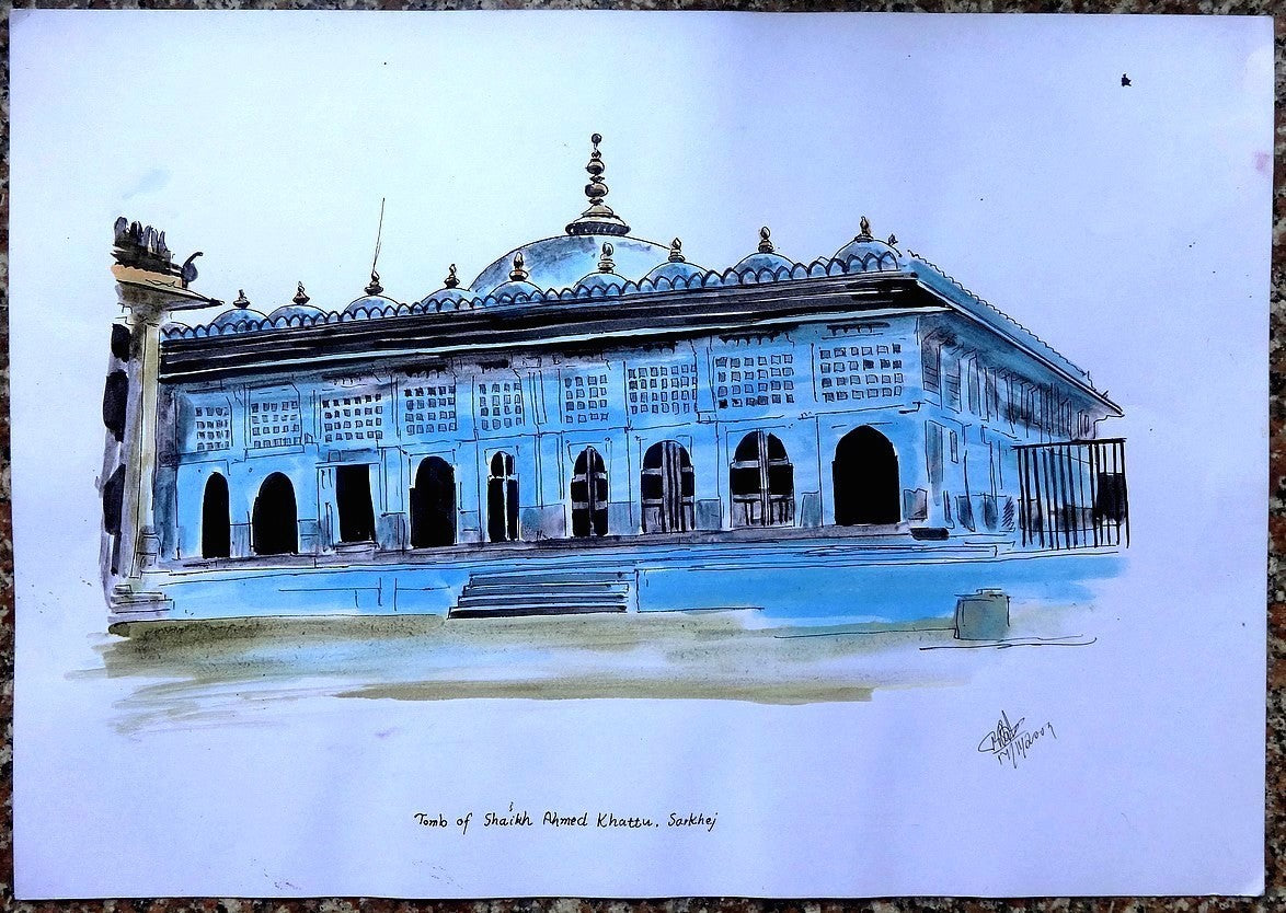 Tomb of Shaikh Ahmed Khattu Sarkhej, India watercolor on card 12” x 16”