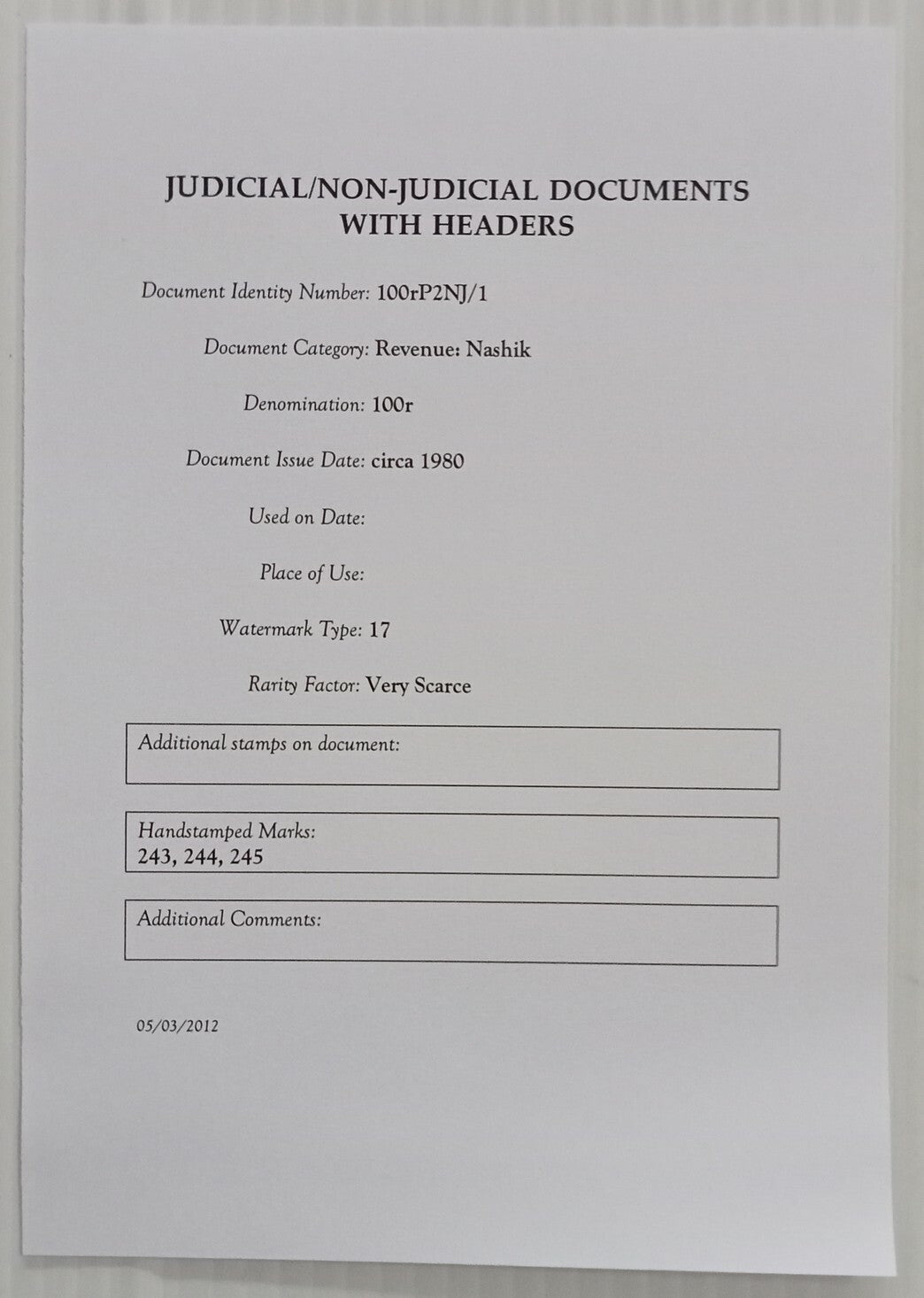 AOP India Capital 100R stamp paper Wmk Type 17