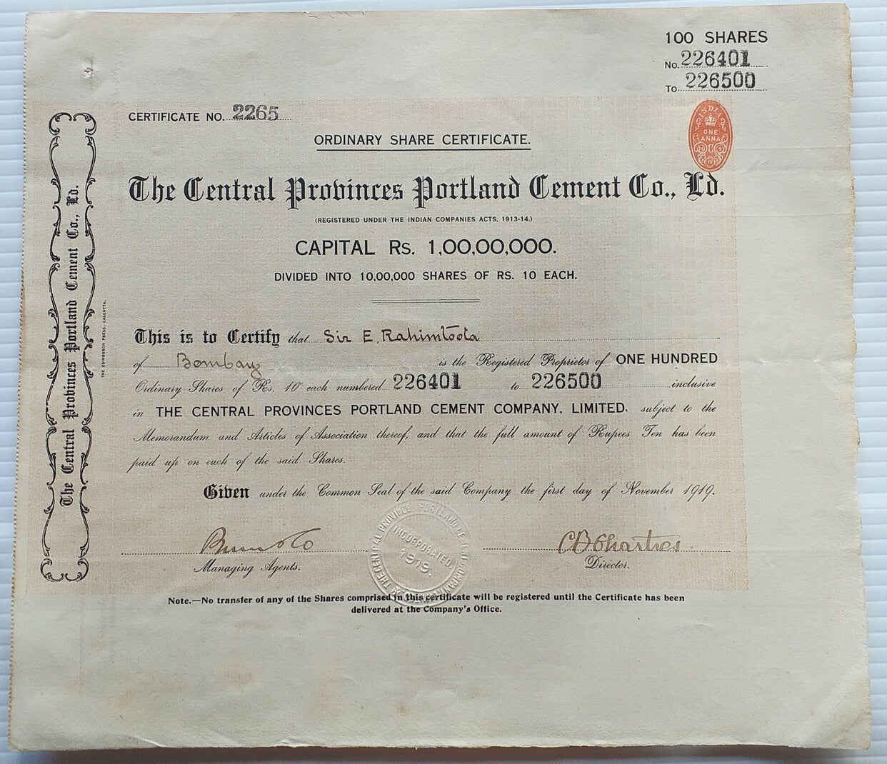 India THE CENTRAL PROVINCES PORTLAND CEMENT 1919 share certificate Ӝ zaz