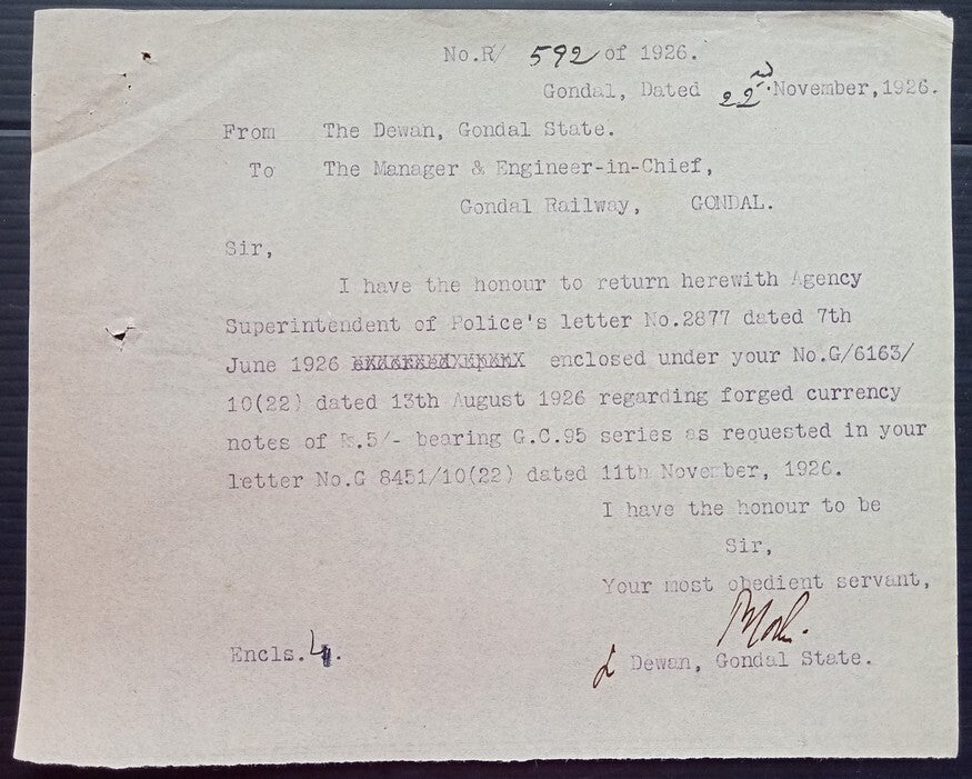 (AOP) India 1926 Official correspondence about FORGED CURRENCY