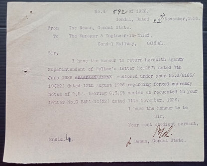 (AOP) India 1926 Official correspondence about FORGED CURRENCY