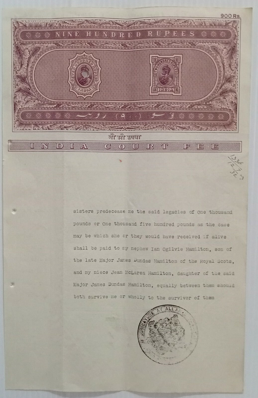 AOP India KGV 1913 900R stamp paper