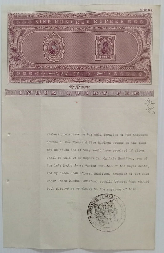 AOP India KGV 1913 900R stamp paper