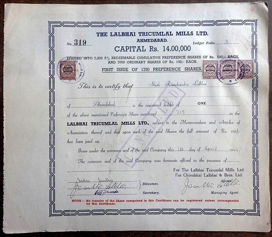 India Lalbhai Tricumlal Mills Ltd 1944 share certificate with 4 stamps