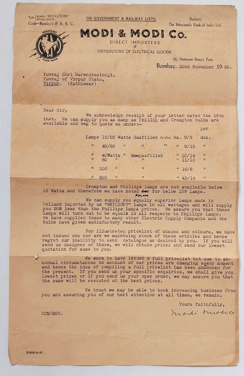 AOP India 1939 Electrical Goods letterhead MODI & MODI Bombay