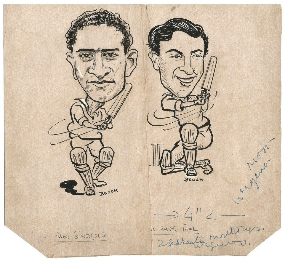Cricket 1960 India Pakistan Polly Umrigar AA Baig sketches by cartoonist R Booch