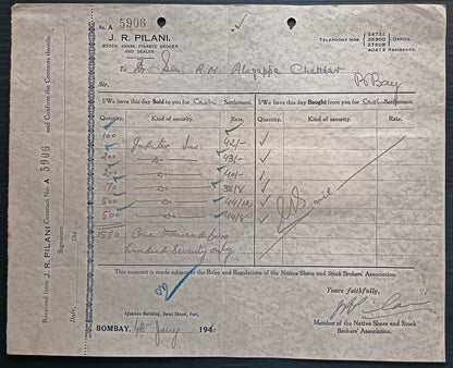 India KGV & KGVI Broker's Note x 7 on 1946 contract note