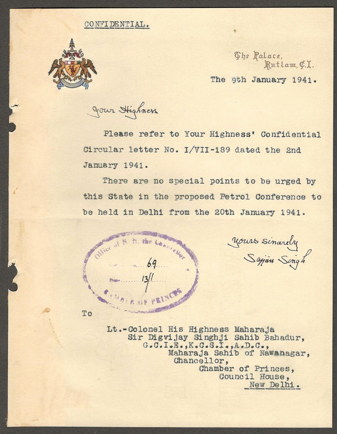 Ratlam State India 1941 multicolour crested letter signed Maharaja Sajjan Singh