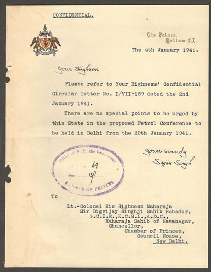Ratlam State India 1941 multicolour crested letter signed Maharaja Sajjan Singh