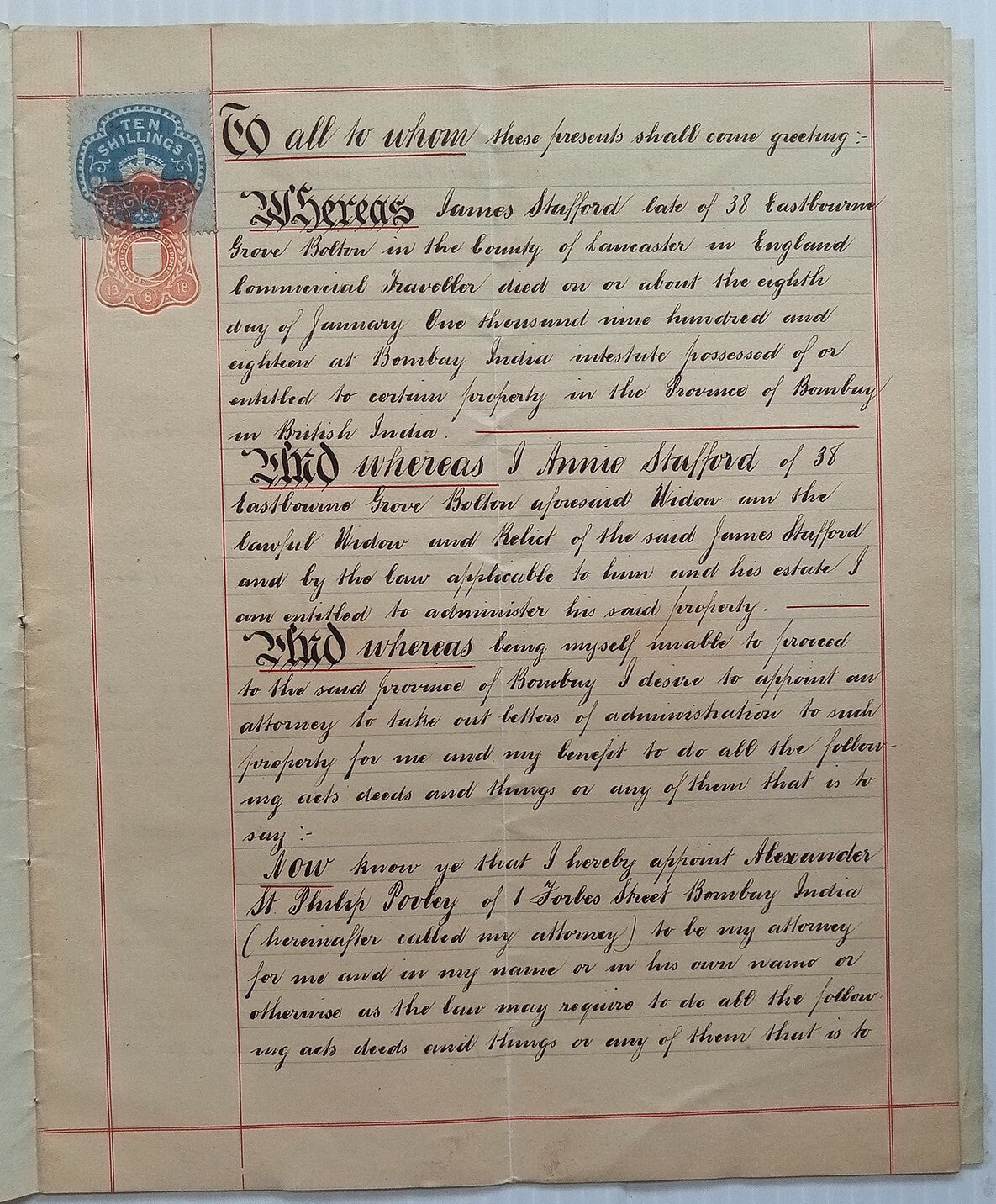 AOP GB India 1918-19 Power of Attorney with 10sh blue embossed revenue