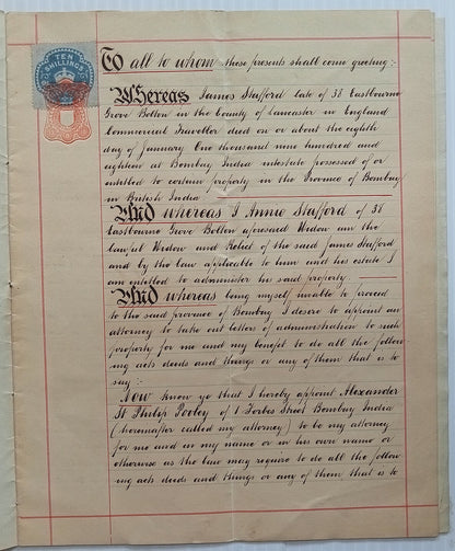 AOP GB India 1918-19 Power of Attorney with 10sh blue embossed revenue