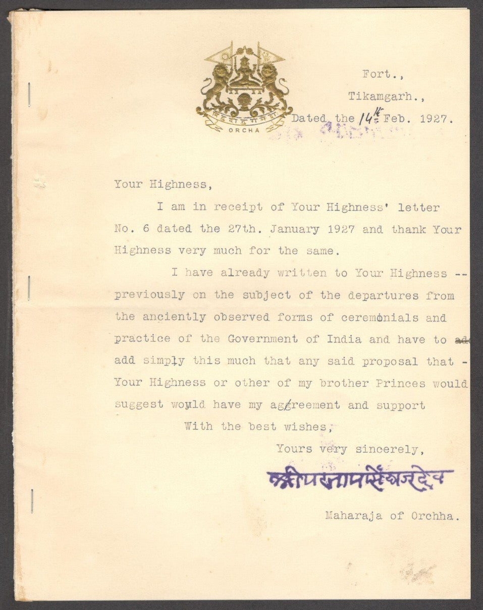 India ORCHA STATE crested letter 1927 MAHARAJA Vir Singh II rubberstamp