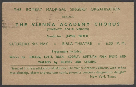 The Vienna Academy Chorus 1964 India performance advertisement