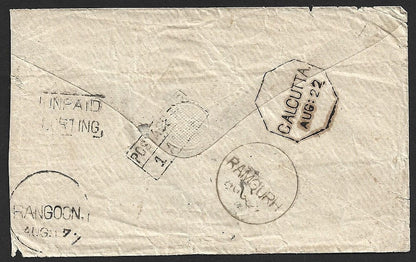 (AOP) Burma 1870s stampless cover To India with boxed UNPAID SORTING etc.
