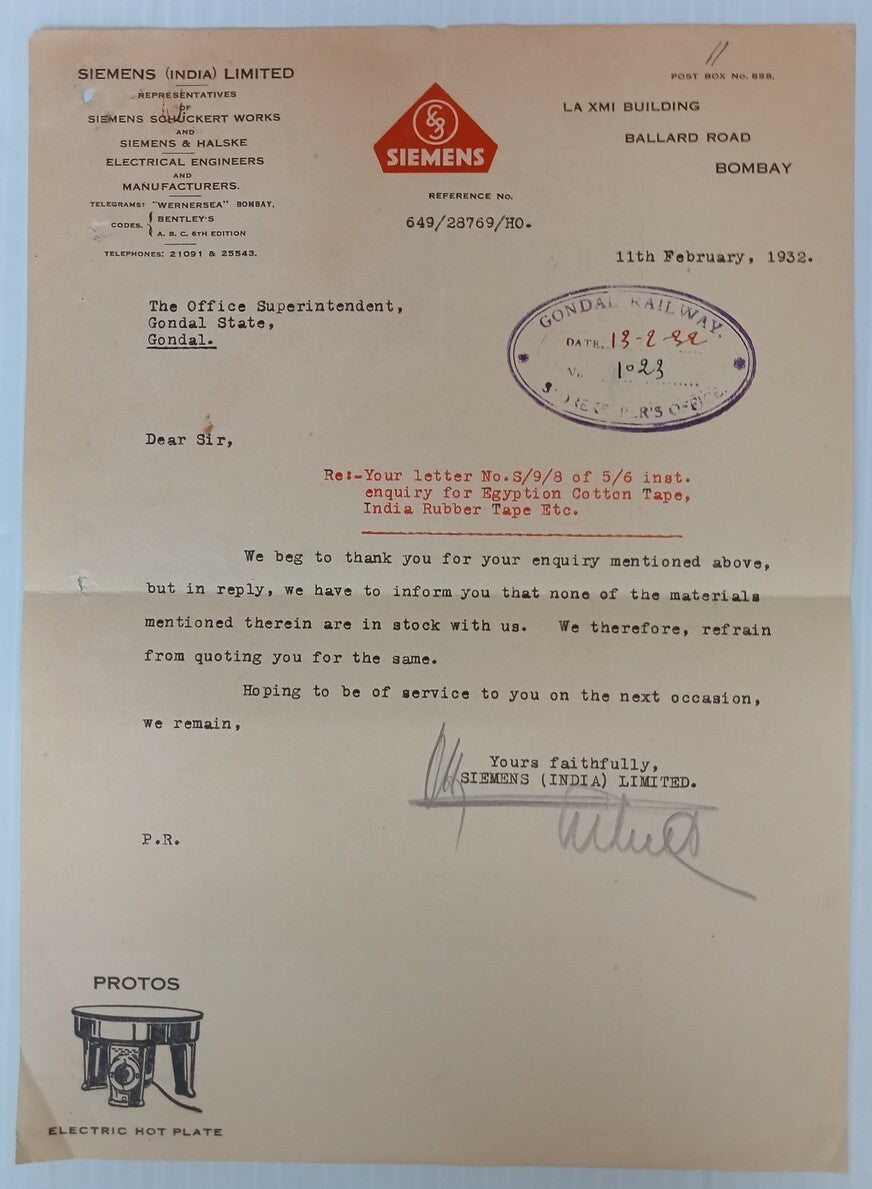 AOP Siemens Photos Electrical Hot Plate Bombay 1932 illustrated letterhead India