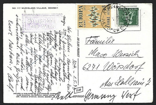 Greece & India stamps combination on airmail postcard to Germany