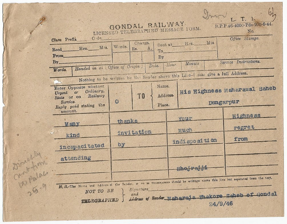 India 1946 telegram from Maharaja Laxman Singhji Dungarpur & signed response