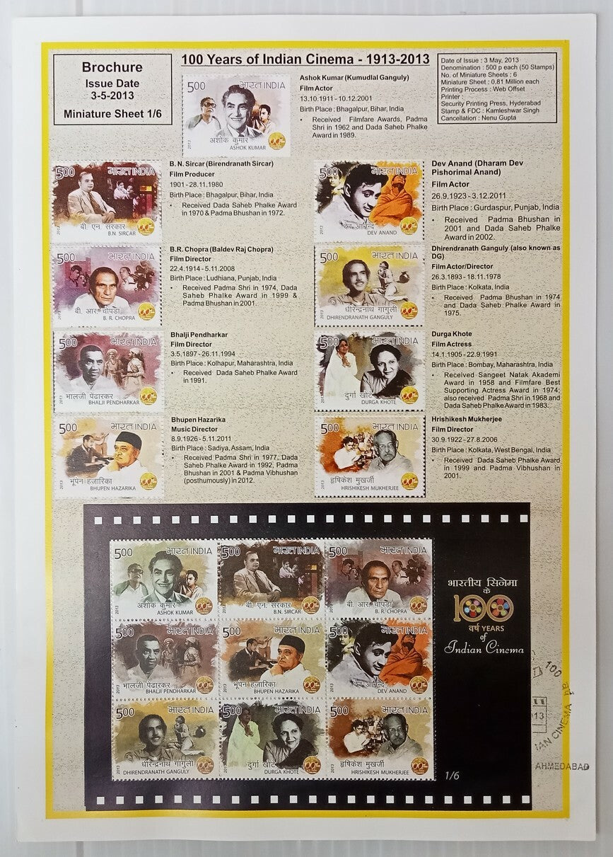 AOP India 2003 100 Years of Cinema sheetlets set of 6 on 6 information brochures
