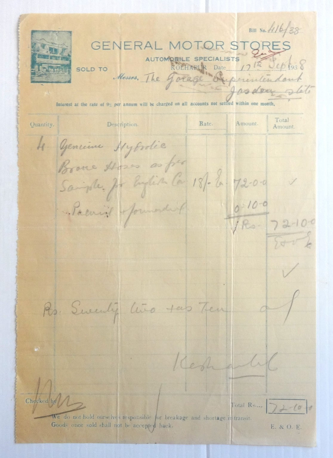 India 1938 illustrated billhead GENERAL MOTOR STORES Kolhapur