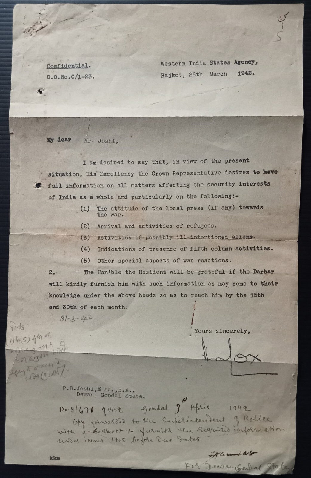 India WW2 1942 Questionnaire re: ILL INTENTIONED ALIENS 5TH COLUMNISTS