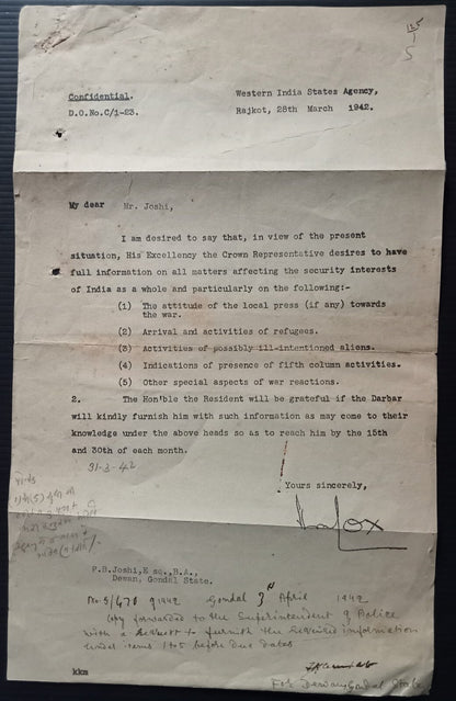 India WW2 1942 Questionnaire re: ILL INTENTIONED ALIENS 5TH COLUMNISTS