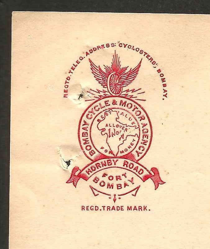 India 1910 illustrated letterhead BOMBAY CYCLE & MOTOR AGENCY