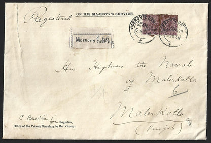 India 1929 OHMS registered cover VICEROY'S CAMP P.O. To Maler Kotla