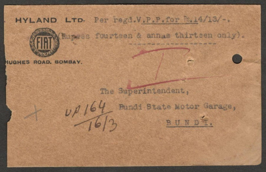 (AOP) India KGV 1933 FIAT advertisement cover