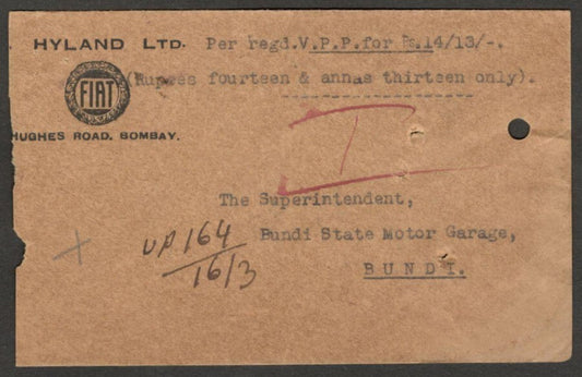 (AOP) India KGV 1933 FIAT advertisement cover