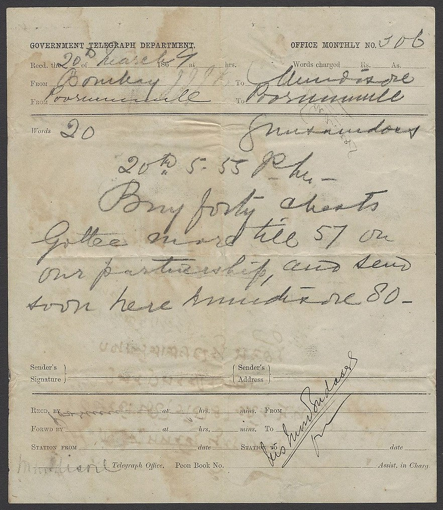 India Electic Telegraph message form used 20th March 1869