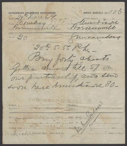 India Electic Telegraph message form used 20th March 1869