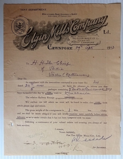 AOP India 1913 illustrated letterhead Elgin Mills Company Cawnpore
