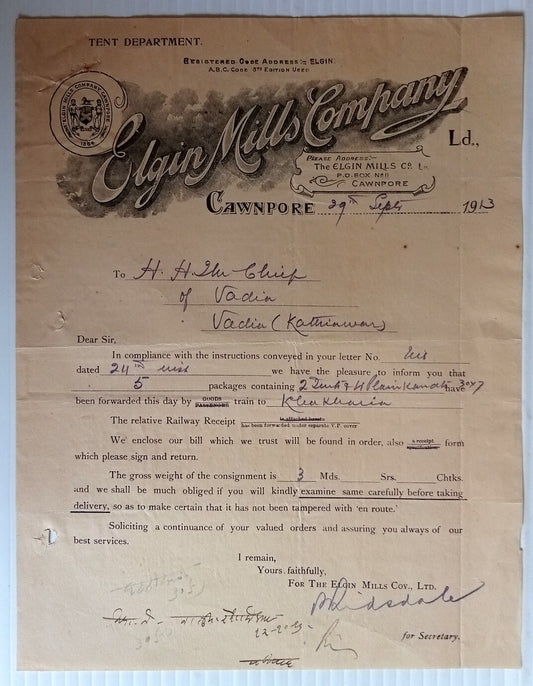 AOP India 1913 illustrated letterhead Elgin Mills Company Cawnpore