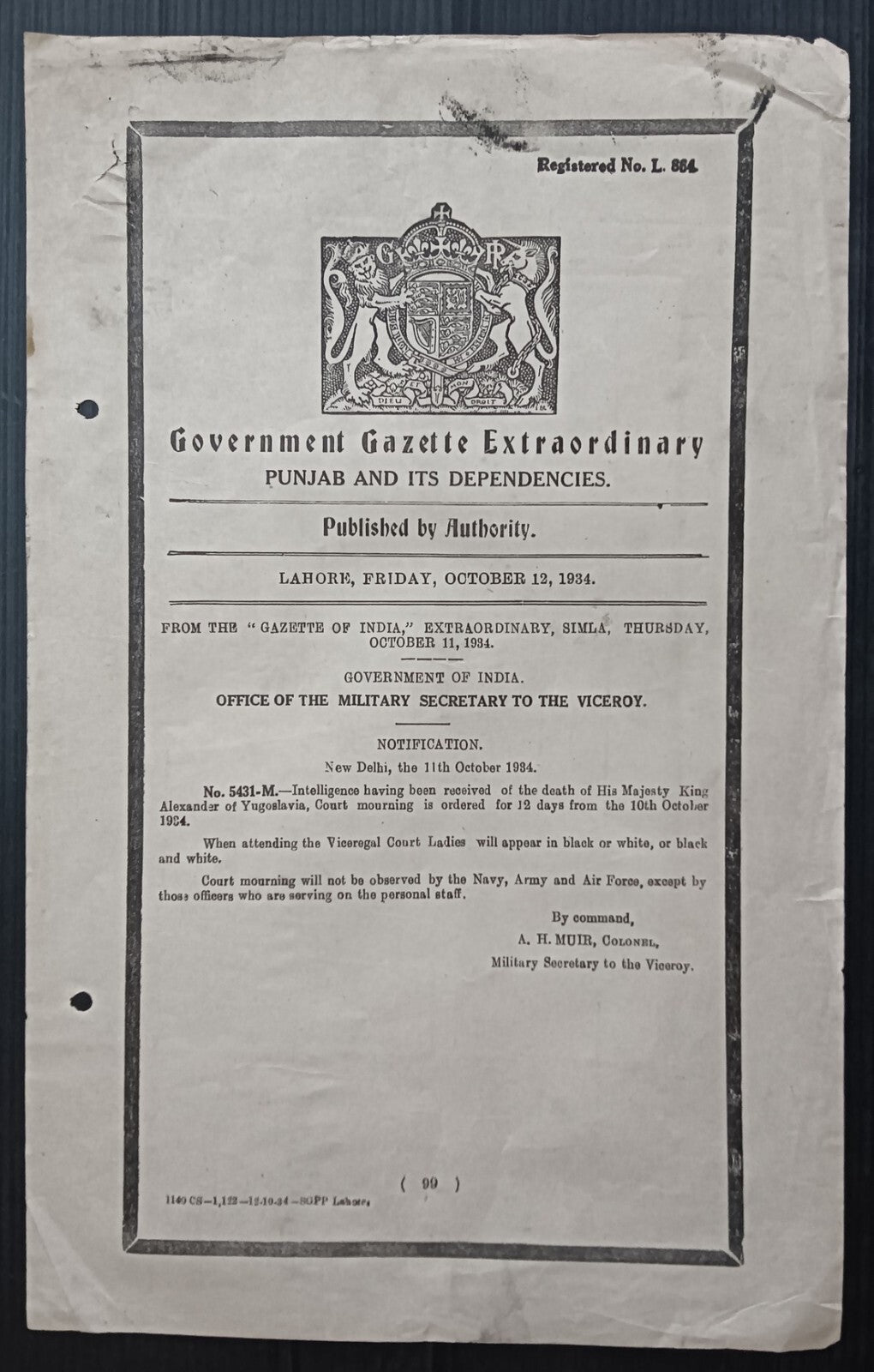 India 1934 mourning Gazette notifying the death of King Alexander of Yugoslavia