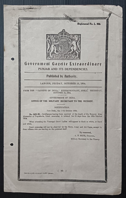 India 1934 mourning Gazette notifying the death of King Alexander of Yugoslavia