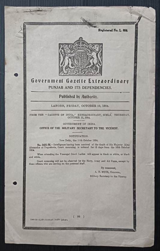 India 1934 mourning Gazette notifying the death of King Alexander of Yugoslavia