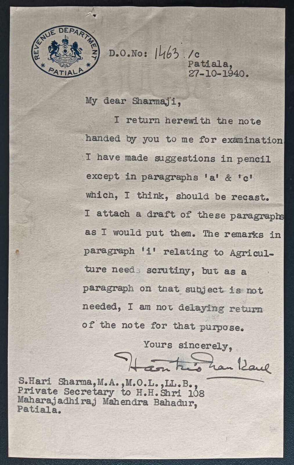 India 1940 crested letter REVENUE DEPARMENT PATIALA